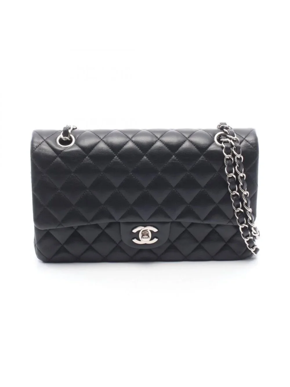 Chanel Shoulder Bag Quilted Double Flap Black Lambskin Chain